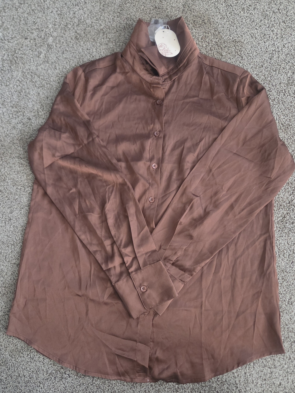 Zeagoo Chocolate Brown Satin Long Sleeve Blouse - Size M NWT